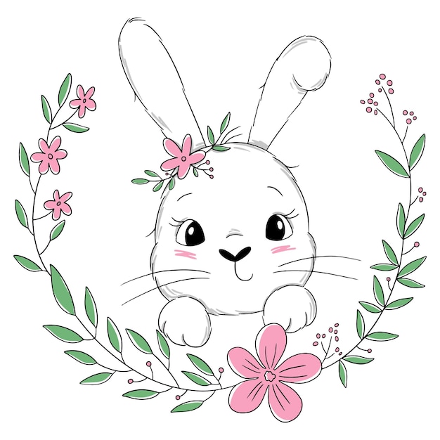 Hand drawn nursery illustration with cute bunny and flower wreath