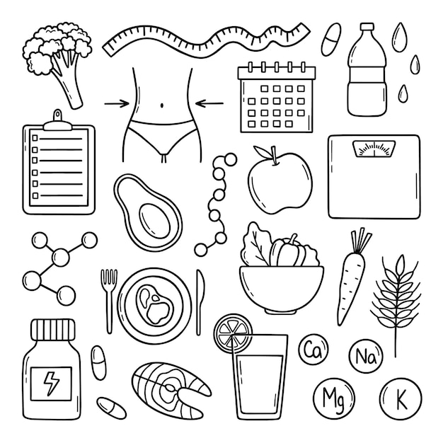 Hand drawn Nutrition and Detox Diet food doodle Weight loss Healthy food and nutrients in sketch style