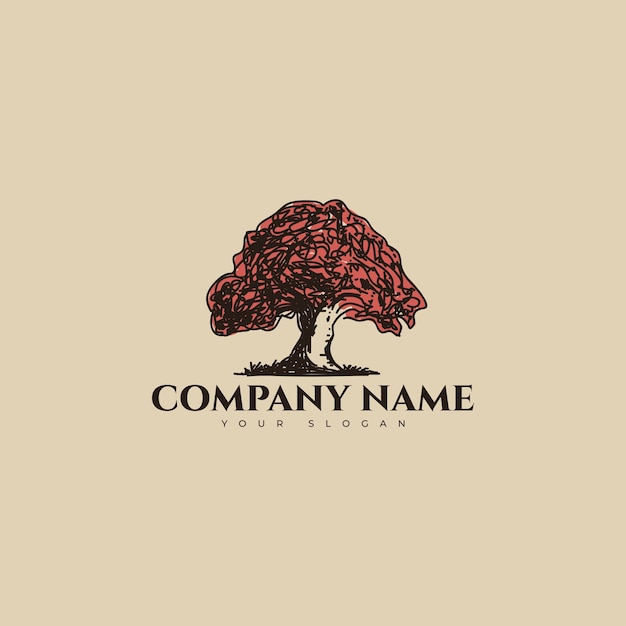 Hand drawn oak tree logo vector design template