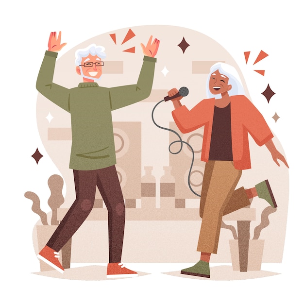 Hand drawn old people having fun illustration