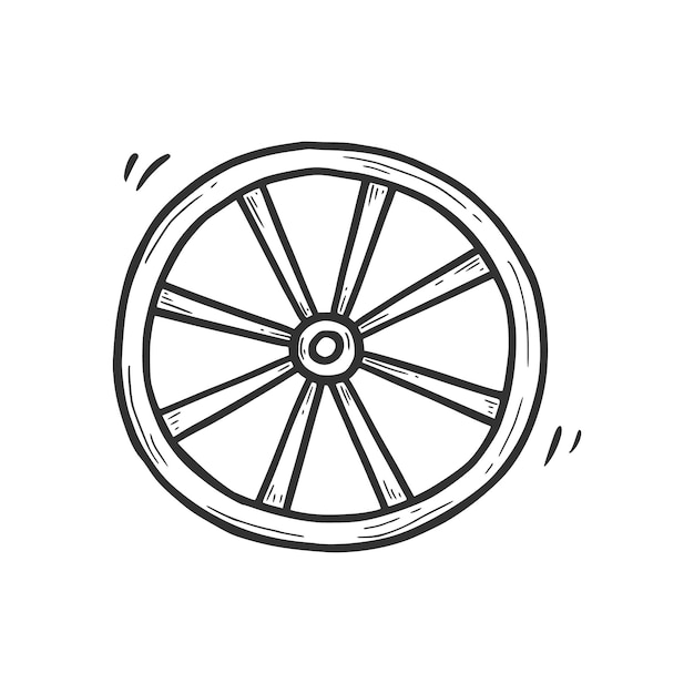 Hand drawn old wagon wheel element. Comic doodle sketch style. Wood wheel for cowboy, western concept icon. Isolated vector illustration.