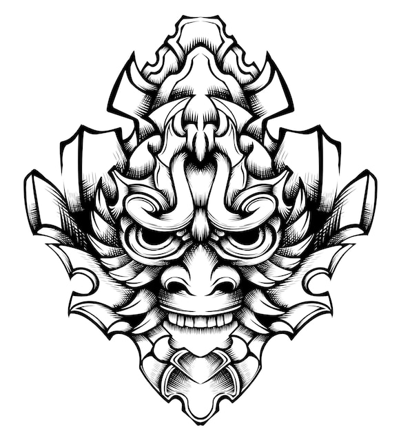 Hand drawn oni mask tattoo vector design Free Vector