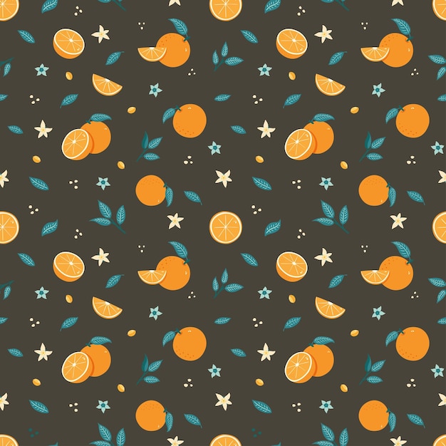 Hand Drawn Orange Fruit Seamless Pattern Doodle style citrus ornament on brown background for wallpaper wrapping paper textile menu food package design and decoration