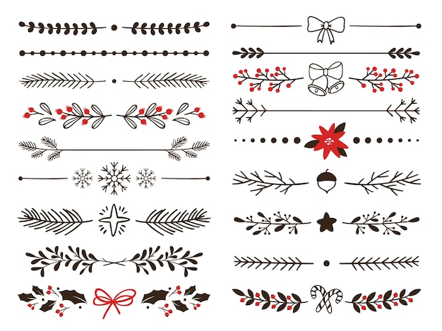 Hand drawn ornamental winter dividers. Snowflakes borders, Christmas holiday decor and floral ornate dividers