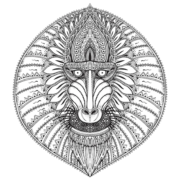 Hand drawn  ornate baboon face illustration.