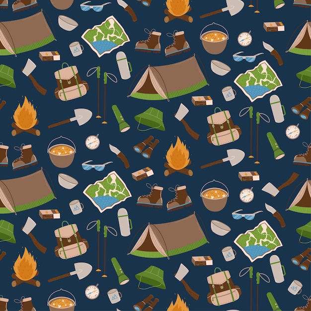 Hand drawn outdoors travel camping vector seamless pattern For design and prints touristic business