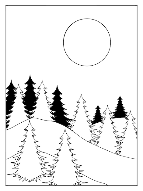 Hand drawn outline art landscape mountain design