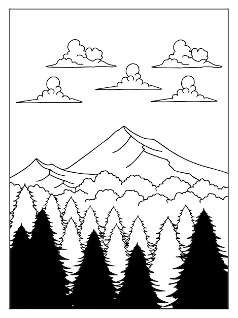 Hand drawn outline art landscape mountain design