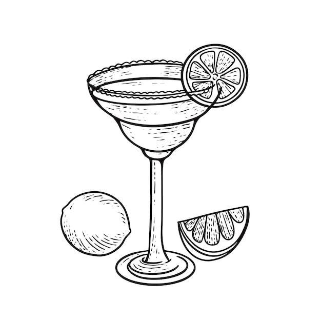 Hand drawn outline black color Margarita cocktail engraving style.