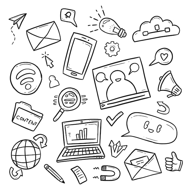 Hand drawn outline doodle drawing of digital internet marketing related object illustration collection set