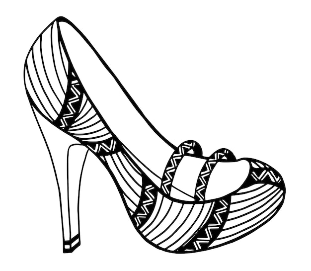 Hand drawn outline ornamental high heel shoe illustration