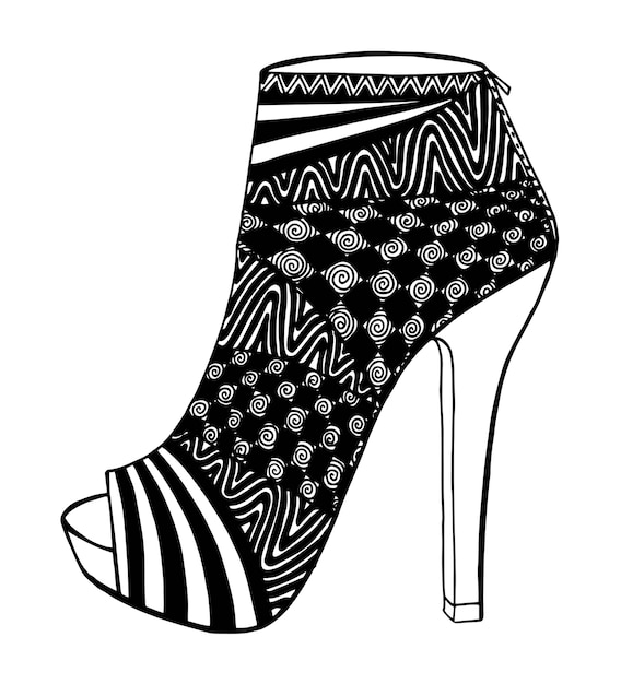 Hand drawn outline ornamental high heel shoe illustration