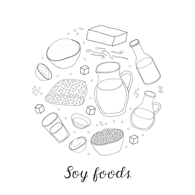 Hand drawn outline soy foods in circle shape