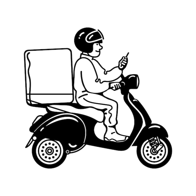 Hand drawn outline vector illustration of delivery man riding scooter