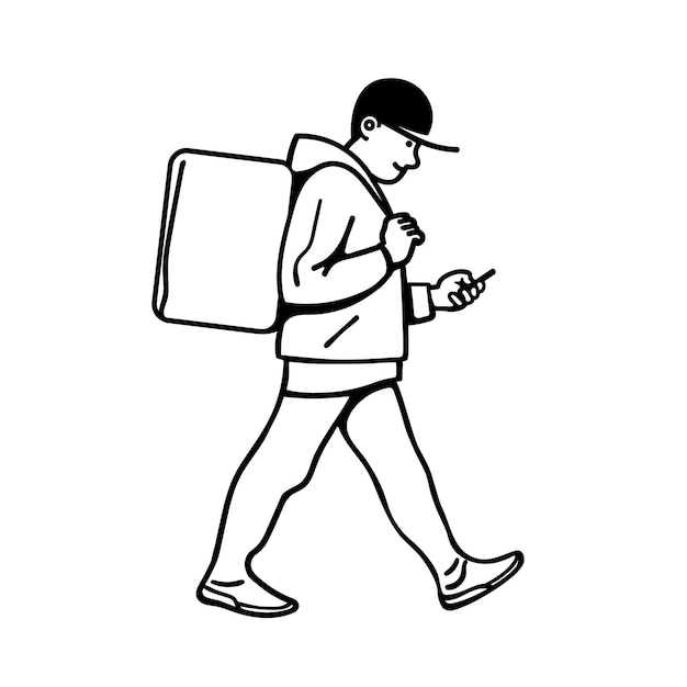 Hand drawn outline vector illustration of delivery man walking on foot