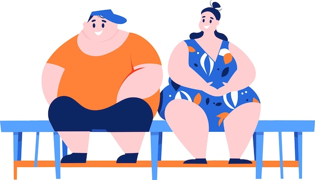 Hand Drawn Overweight couple having a drink at a bar by the sea in flat style isolated on background