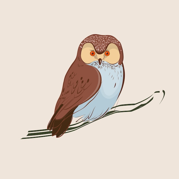 Hand drawn owl Brown owl sitting on branch Vector illustration