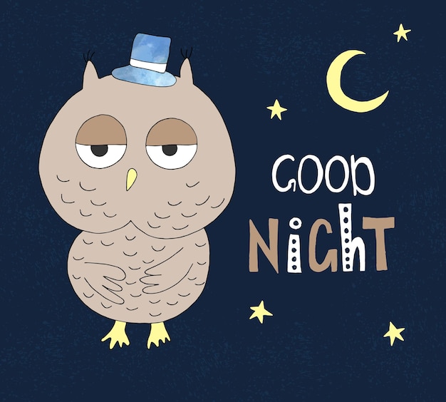 Hand drawn owl in a hat with hand drawn lettering good night Can be used for tshirt design