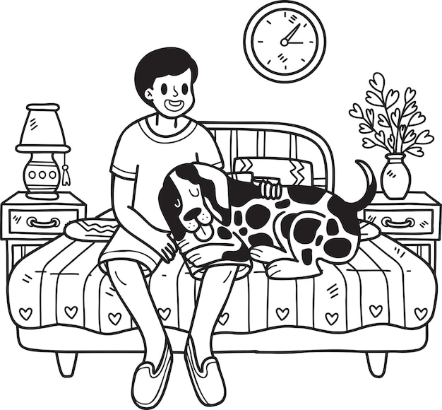 Hand Drawn owner and dog are sleeping in the room illustration in doodle style