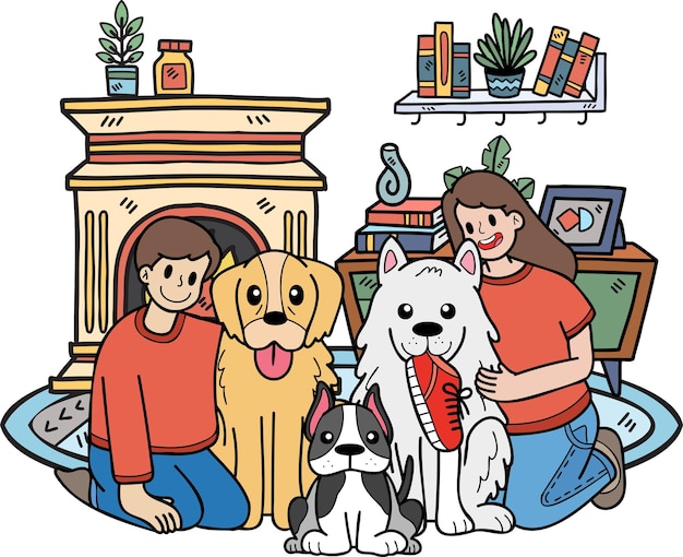 Hand Drawn The owner hugged the dog in the room illustration in doodle style