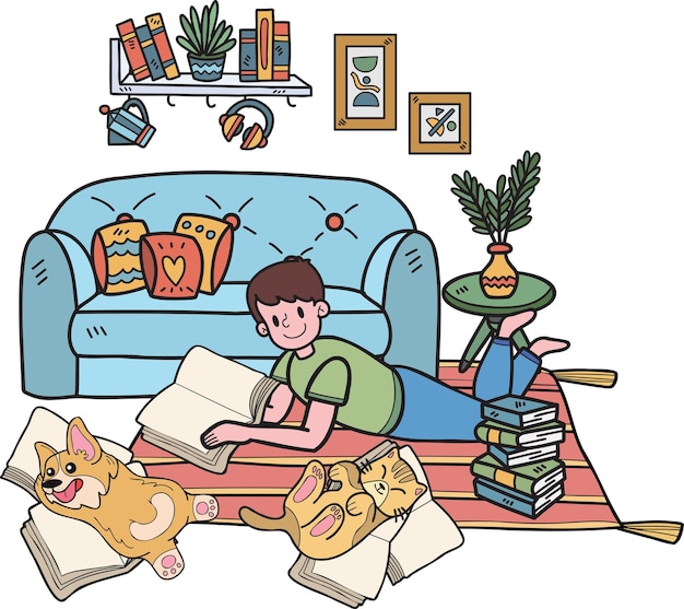 Hand Drawn owner is lying in the room reading a book with the dog and cat illustration in doodle style