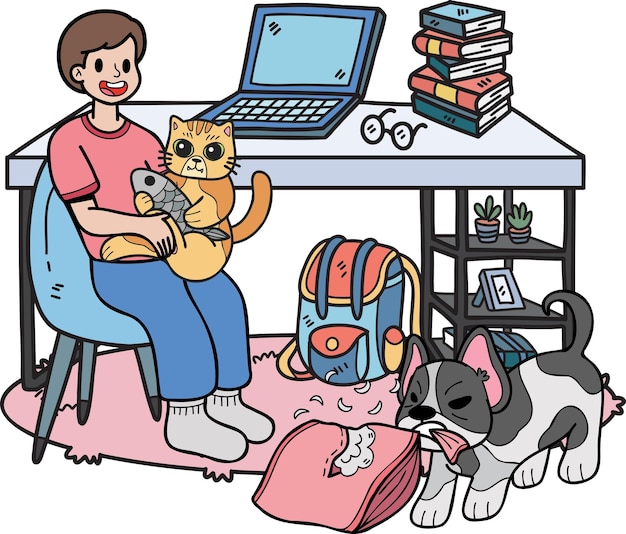 Hand Drawn owner plays with the dogs and cats in the office room illustration in doodle style