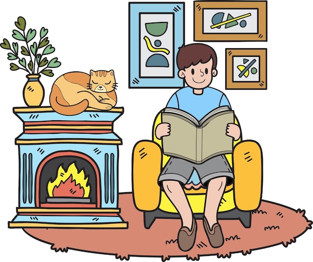 Hand Drawn The owner reads a book with the cat in the living room illustration in doodle style