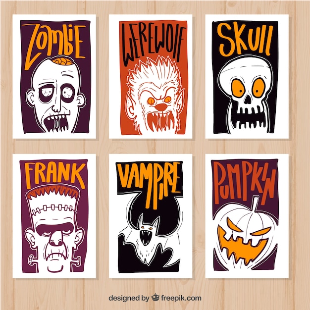 Vector hand drawn pack of halloween cards