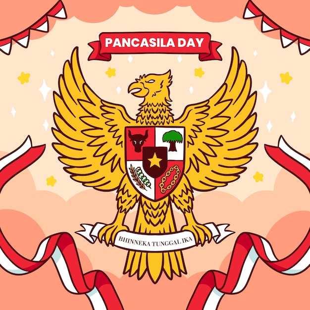 Vector hand drawn pancasila day illustration with garuda and bunting