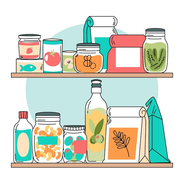 Hand drawn pantry with different foods collection