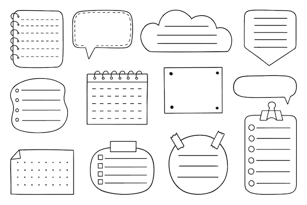 Hand drawn Paper page doodle Set of notes ribbons frames stickers for bullet journal notebook diary and planner