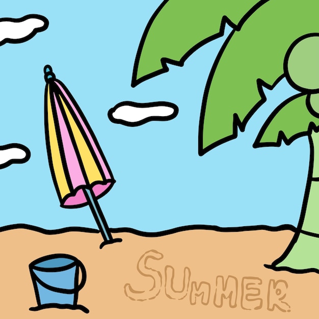 Vector hand drawn parasol sand bucket sand coconut tree for summer break holiday weekends background print