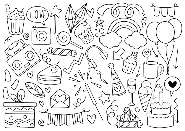 Hand drawn party doodle happy birthday Ornaments background pattern Vector illustration