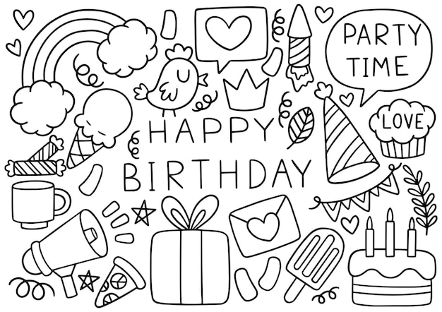 Hand drawn party doodle happy birthday ornaments background pattern