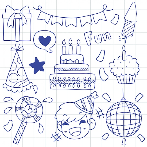 Hand drawn party doodle happy birthday Ornaments