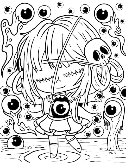 Vector hand drawn pastel goth coloring page creepy spooky kawaii coloring pages