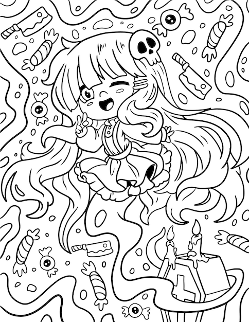 Hand drawn pastel goth coloring page creepy spooky kawaii coloring pages