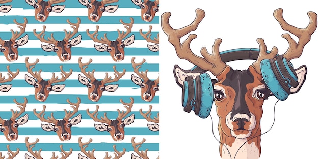 Hand drawn pattern and Deer with headphones collection Vector. Each object can be changed and moved for your design.