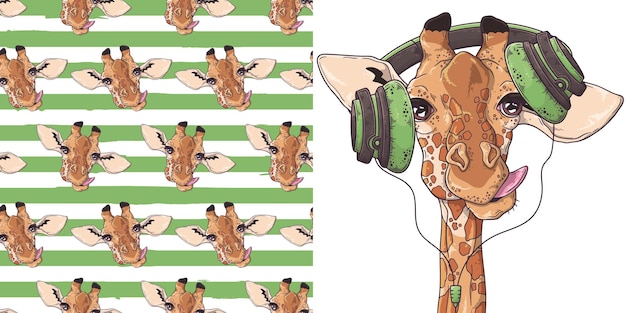 Hand drawn pattern and Giraffe with headphones collection Vector. Each object can be changed and moved for your design.