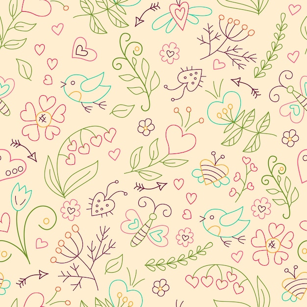 Hand drawn pattern for valentines day or wedding. Floral seamless pattern in doodle style. Symbol of spring. Vector illustration in doodle style