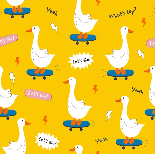 Hand drawn pattern with cute cartoon goose, skate. Illustration in hand drawn style for kids