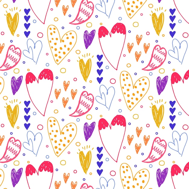 Hand drawn pattern with cute hearts simple retro sketch love background