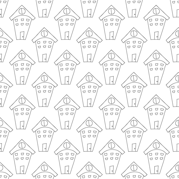 Hand drawn pattern with houses in line art style Seamless doodle black and white buildings for kids fabric prints