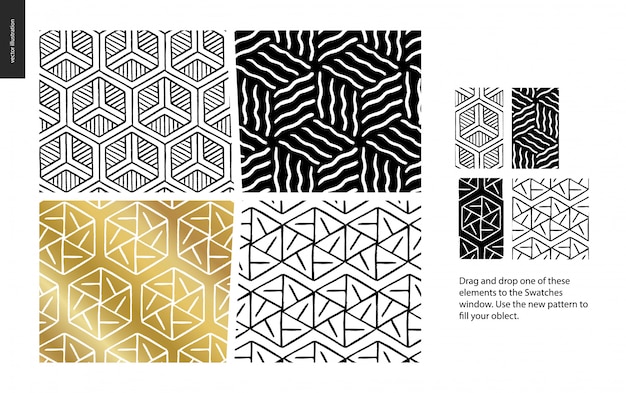 Hand drawn Patterns - a group set of four abstract patterns - black, gold and white. Geometrical lines, dots and shapes - pieces