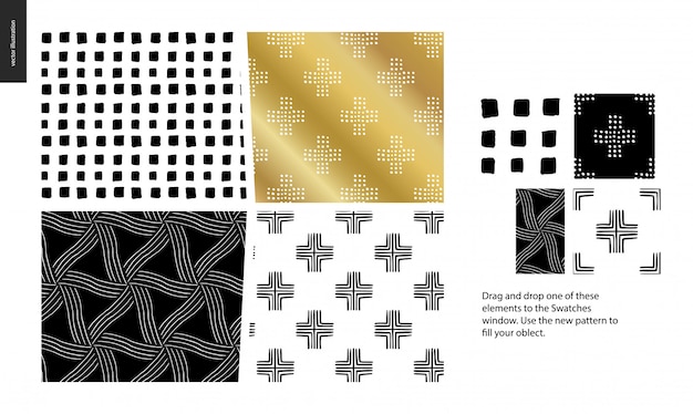 Hand drawn Patterns - a group set of four abstract seamless patterns - black, gold and white. Geometrical lines, dots and shapes - pieces