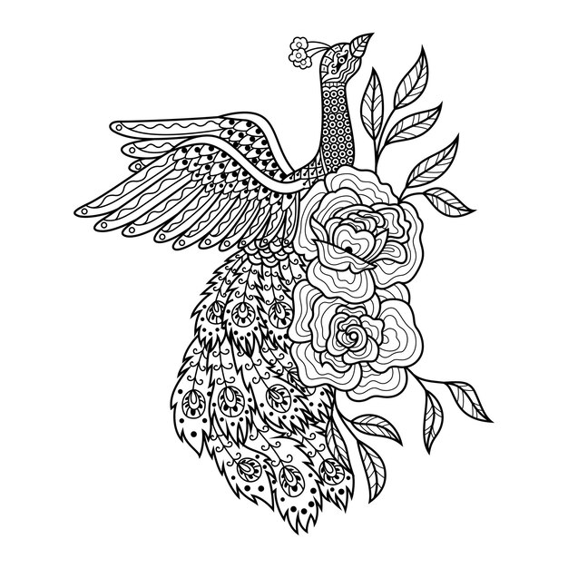 Vector hand drawn of peacock in zentangle style