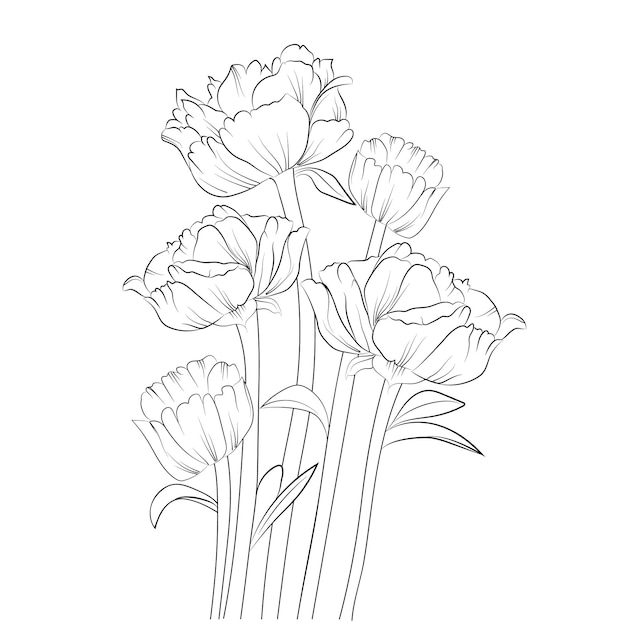 Hand drawn peony flower sketch art vector illustration beautiful monochrome black and white bouquet.