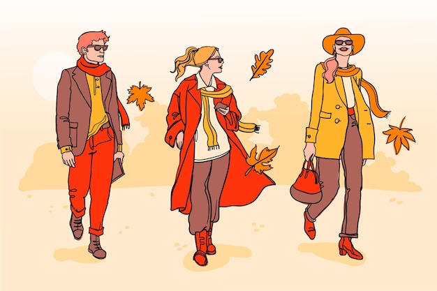 Hand drawn people in autumn