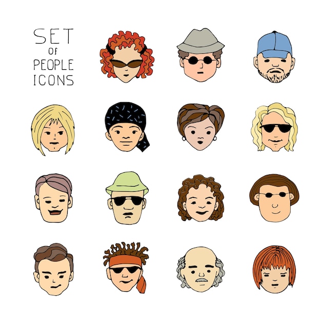 Hand drawn people crowd doodle collection of avatars Sketch icons with cartoon funny faces