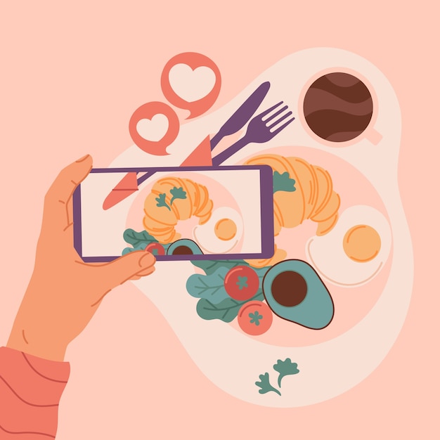 Vector hand drawn people taking pictures of food illustration